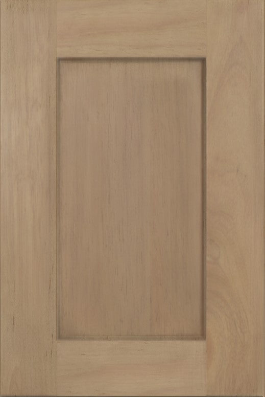 A rectangular wooden cabinet door with a recessed center panel and a natural light brown finish.